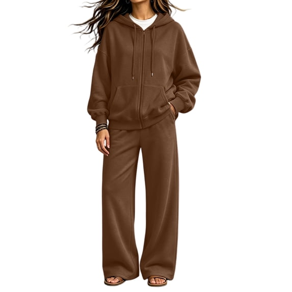 Szluipve Women Full Zip Hoodie 2 Piece Outfits Drawstring Long Sleeve Zip‑Up Hooded Jacket and Elastic Waist Wide Leg Pants Casual Tracksuit Loungewear Set Brown L