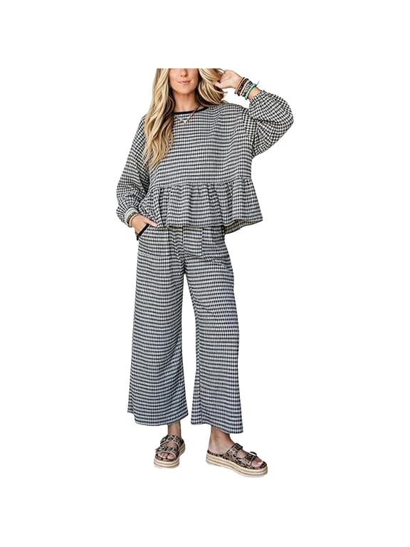 Women Gingham Plaid 2 Piece Outfit Long Sleeve Ruffle Hem Loose Top Wide Leg Cropped Pants Casual Loungewear Set Black XXL