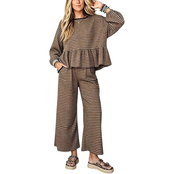 Szluipve Women Gingham Plaid 2 Piece Outfit Long Sleeve Ruffle Hem Loose Top Wide Leg Cropped Pants Casual Loungewear Set Brown S