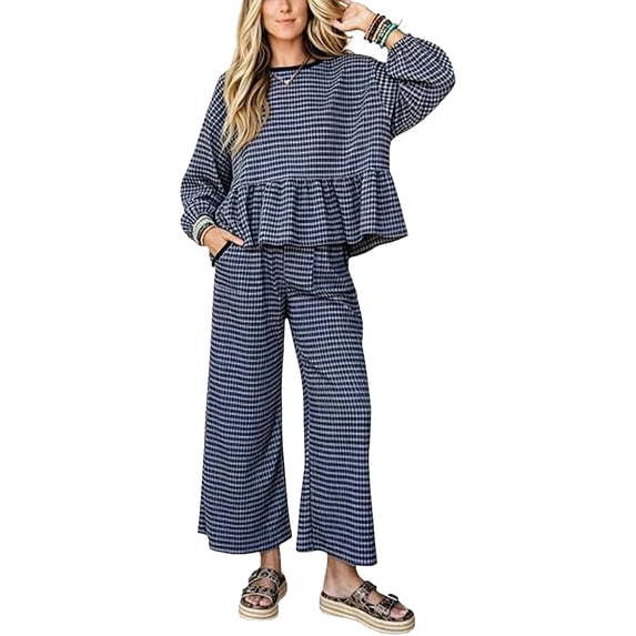 Szluipve Women Gingham Plaid 2 Piece Outfit Long Sleeve Ruffle Hem Loose Top Wide Leg Cropped Pants Casual Loungewear Set Dark Blue L
