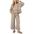 thumbnail image 1 of Szluipve Women Gingham Plaid 2 Piece Outfit Long Sleeve Ruffle Hem Loose Top Wide Leg Cropped Pants Casual Loungewear Set Khaki M, 1 of 4