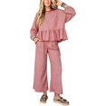 thumbnail image 1 of Szluipve Women Gingham Plaid 2 Piece Outfit Long Sleeve Ruffle Hem Loose Top Wide Leg Cropped Pants Casual Loungewear Set Pink S, 1 of 5