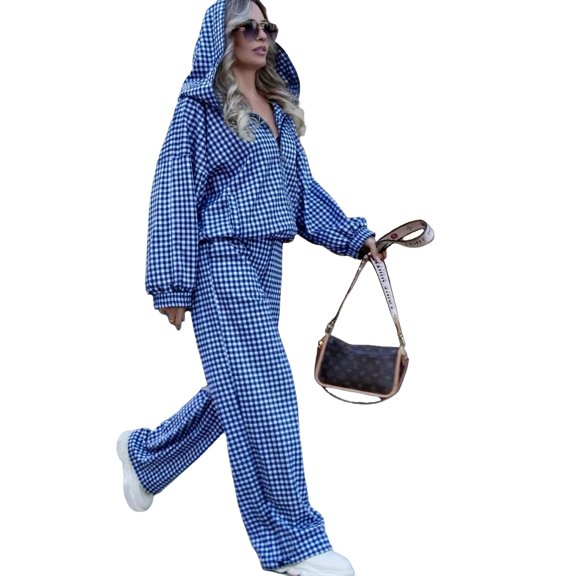 Szluipve Women Gingham Plaid Print Half Zip Hoodie And Wide Leg Pants 2 Piece Outfit Casual Long Sleeve Tracksuit Loungewear Set Dark Blue L