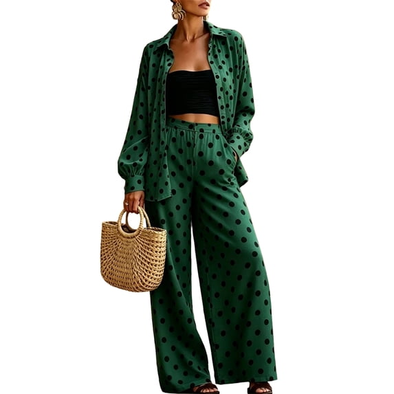 Szluipve Women Polka Dot 2 Piece Outfits Long Sleeve Button‑Down Shirt & Elastic Waist Wide Leg Pants Casual Beach Matching Set Dark Green M
