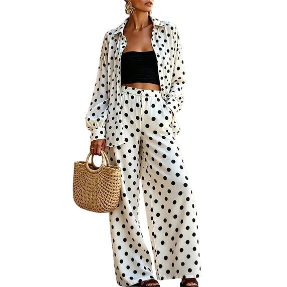 Szluipve Women Polka Dot 2 Piece Outfits Long Sleeve Button‑Down Shirt & Elastic Waist Wide Leg Pants Casual Beach Matching Set White M