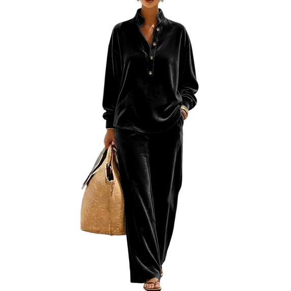 Szluipve Women Velvet 2 Piece Outfits Stand Collar Henley Button Long Sleeve Top & Elastic Waist Wide Leg Pants Casual Loungewear Matching Set Black S