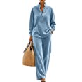 thumbnail image 1 of Szluipve Women Velvet 2 Piece Outfits Stand Collar Henley Button Long Sleeve Top & Elastic Waist Wide Leg Pants Casual Loungewear Matching Set Light Blue L, 1 of 6