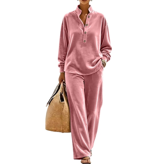 Szluipve Women Velvet 2 Piece Outfits Stand Collar Henley Button Long Sleeve Top & Elastic Waist Wide Leg Pants Casual Loungewear Matching Set Pink XL