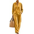 thumbnail image 1 of Szluipve Women Velvet 2 Piece Outfits Stand Collar Henley Button Long Sleeve Top & Elastic Waist Wide Leg Pants Casual Loungewear Matching Set Yellow XL, 1 of 6