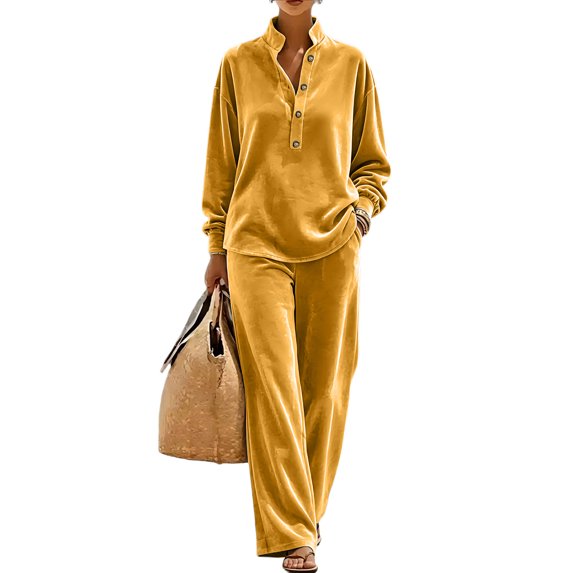 Szluipve Women Velvet 2 Piece Outfits Stand Collar Henley Button Long Sleeve Top & Elastic Waist Wide Leg Pants Casual Loungewear Matching Set Yellow XL