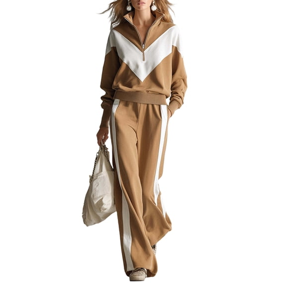 Szluipve Women’s Color Block Tracksuit 2 Piece Outfits Half Zip Stand Collar Chevron Patchwork Sweatshirt & Side Stripe Wide Leg Pants Casual Loungewear Set Khaki 2XL