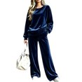 thumbnail image 1 of Szluipve Women’s Velvet 2 Piece Loungewear Set Crew Neck Long Sleeve Loose Top & High Waist Wide Leg Pants Soft Velour Casual Tracksuit Outfit Navy XL, 1 of 4