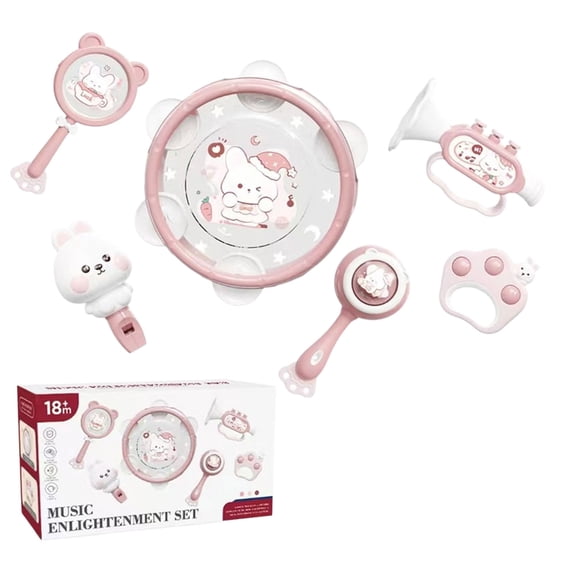 Szubyfq 6 Pack Toddler Musical Instrument Toy Set, Kids Percussion Play Kit with Tambourine, Rattles, Teether, Whistle & Trumpet, Early Music Enlightenment Sensory Toys for Baby Shower Birthday Gift