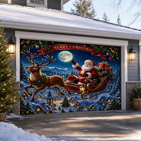 Szubyfq 8 x 7 ft Christmas Garage Door Decorations, Merry Christmas Decor, Xmas Garage Door Cover, Hanging Banner for Home, Outdoor, Indoor, Party