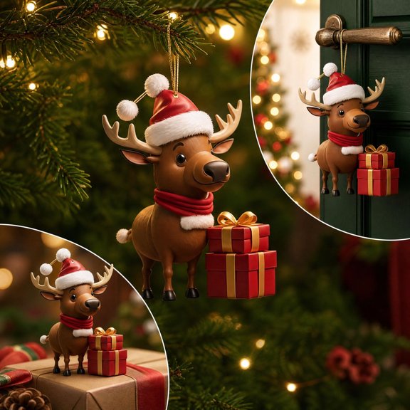 Szubyfq Cute Reindeer Xmas Tree Decoration with Red Santa Hats Bell, Reusable Xmas Hanging Ornaments, Cute Cartoon Deer Ornament for Holiday Christmas Tree Hanging Party DIY Decoration