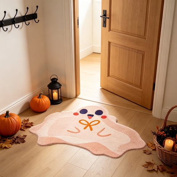 Szubyfq Halloween Decor Ghost Area Rug, Soft Fluffy Absorbent Ghost Doormat, Spooky Ghost Non-Slip Floor Mat, Ghost Shape Bath Entryway Rug for Bedroom Bathroom Front Door, 35.43x17.75in