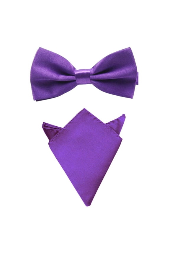 Men Satin Solid Bowtie Handkerchief Pocket Square Set