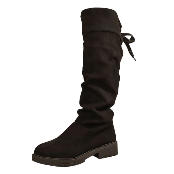 T-05 Black Ladies Casual Winter Knee High Boots Round Toe Heel Wrinkled Lace Up Knight Boots Mid Heel Long Style