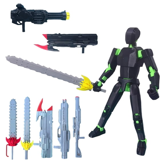 T-13 3D Printed Multi-Jointed Warrior Doll (5.51in), Various Weapon Accessories for Desktop Decor, Collection, and Easter Gift (Black&Green)