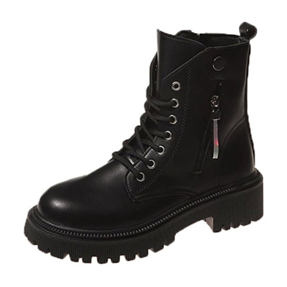 T-160 Black Ladies Fashion Casual Winter Short Boots Round Toe Lace Up Front Back Zipper Thick Heel Low Heel