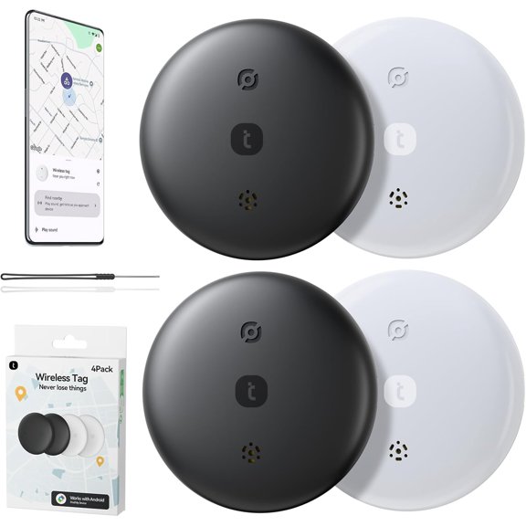 T- 4-Pack Wireless Tracker Tags for Android Only  Wireless Key Finder with Sound Alert & Proximity Hints, App Required  Never Lose Keys, Wallet, Pet, Luggage