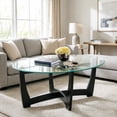 thumbnail image 1 of T 48" Oval Glass Coffee Table with Tempered Glass Top Cross and Solid Wood Base Simple & Modern Center Table for Living Room Office Apartment Black, 1 of 10
