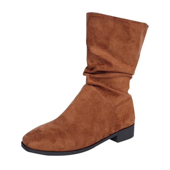 T-565 Brown Ladies Winter Mid Calf Boots Warm Height Enhancing Solid Color Chunky Heel Casual Boots