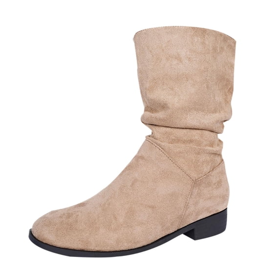 T-565 Khaki Ladies Winter Mid Calf Boots Warm Height Enhancing Solid Color Chunky Heel Casual Boots