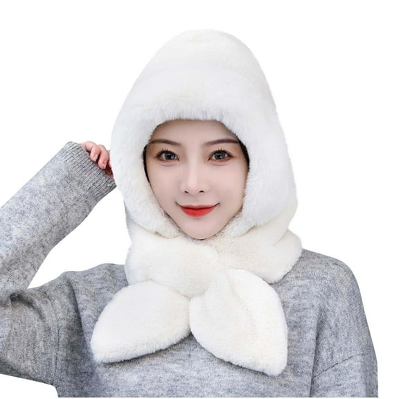 Generic Winter Faux Fur Hooded Hat Scarf for Women One Piece Warm Fluffy Beanie Neck Warmer Windproof Ski Cap