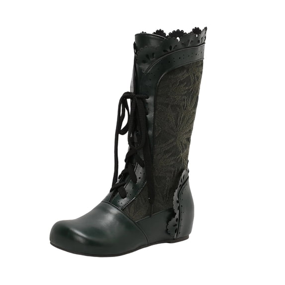 T-945 Green Womens Lace Up Mid Calf Boots Round Toe Flat Sole Winter Casual Solid Color Ladies