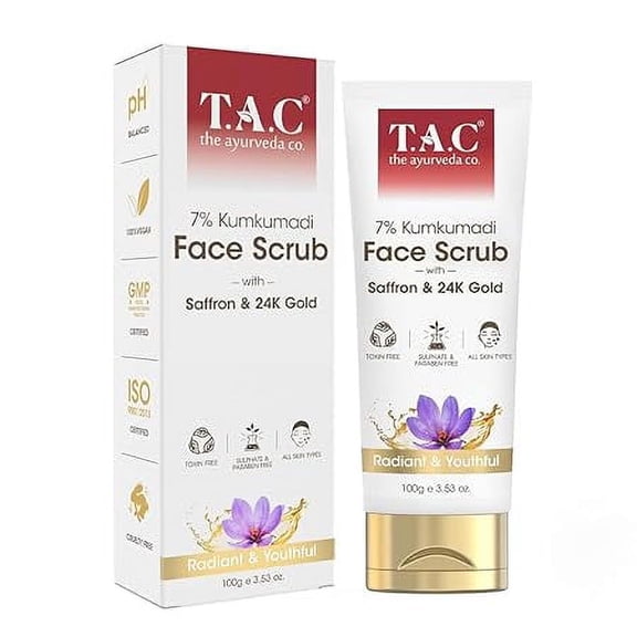 T.A.C 7% Kumkumadi Face Scrub - Gentle Exfoliation for Glowing Skin - Tan, Blackheads & Whiteheads removal with Natural Walnut Shell Granules 100gm