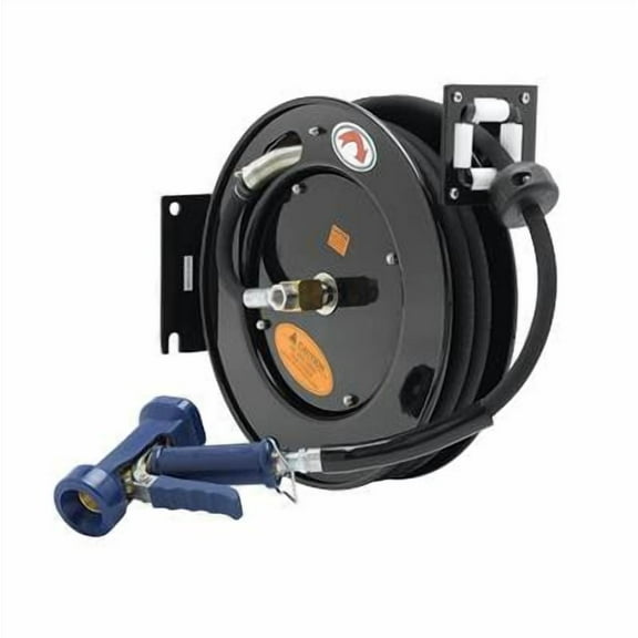 T&S Brass - Hose Reel, Open, Powder Coated Steel, 3/8'' x 50' ID Hose, Front Trigger Water Gun (Brass)