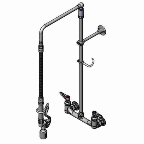 T&S Brass - Pre-Rinse: Overhead Swivel Arm, 8'' Wall Mount Base, Low Flow Spray Valve, Wall Bracket