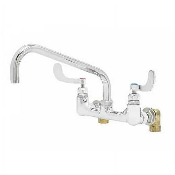 T&S Brass - Big-Flo Mixing Faucet, 8'' Wall Mount, 12'' Nozzle, 4'' Wrist-Action Handles, Inlet Elbows
