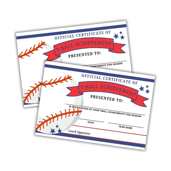 T-Ball Achievement Awards Certificates 30pk 6x9 Cardstock Superlatives Candy Bar End of Year Season Baseball Little League Tournament Youth Sports