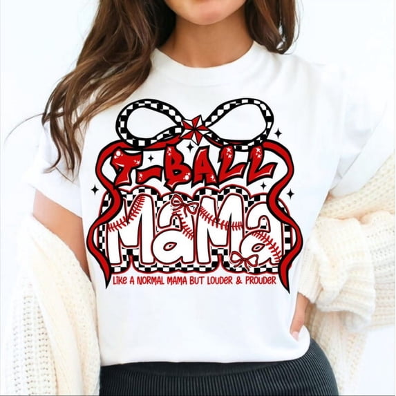 T-Ball Mama T-Shirt, Coquette Baseball Bow Shirt, Game Day Baseball Mom Tee, Retro Checkered Baseball Sublimation T-Shirt