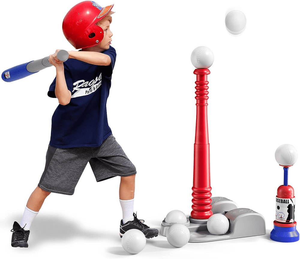 TBall Set for Toddlers and Kids, 2 in 1 Adjustable Batting Tee & Automatic Pitching Machine