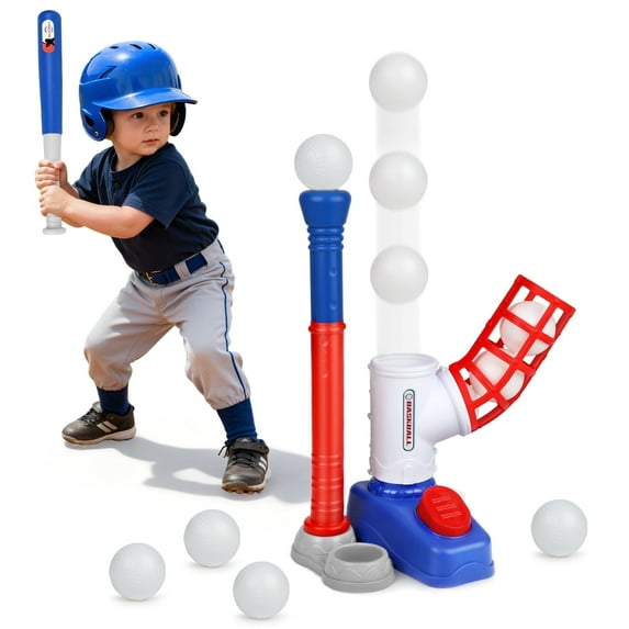 T Ball Set Toys for Kids Boys 3-5, Kids Baseball Toys Includes 6 Balls, for Age 3 to 6, Toddler Baseball Game Sports & Outdoors Toys, Auto Ball Launcher - Blue