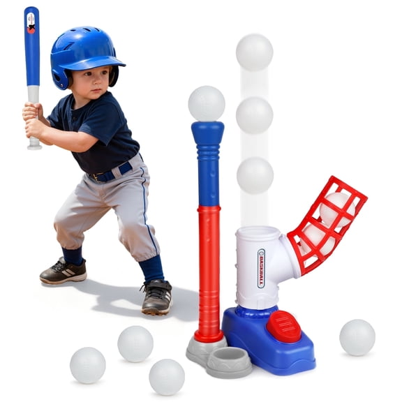 T Ball Set Toys for Kids Boys 3-5, Kids Baseball Toys Includes 6 Balls, for Age 3 to 6, Toddler Baseball Game Sports & Outdoors Toys, Auto Ball Launcher - Blue