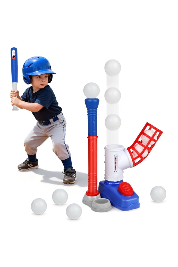 T Ball Set Toys for Kids Boys 3-5, Kids Baseball Toys Includes 6 Balls, for Age 3 to 6, Toddler Baseball Game Sports & Outdoors Toys, Auto Ball Launcher - Blue