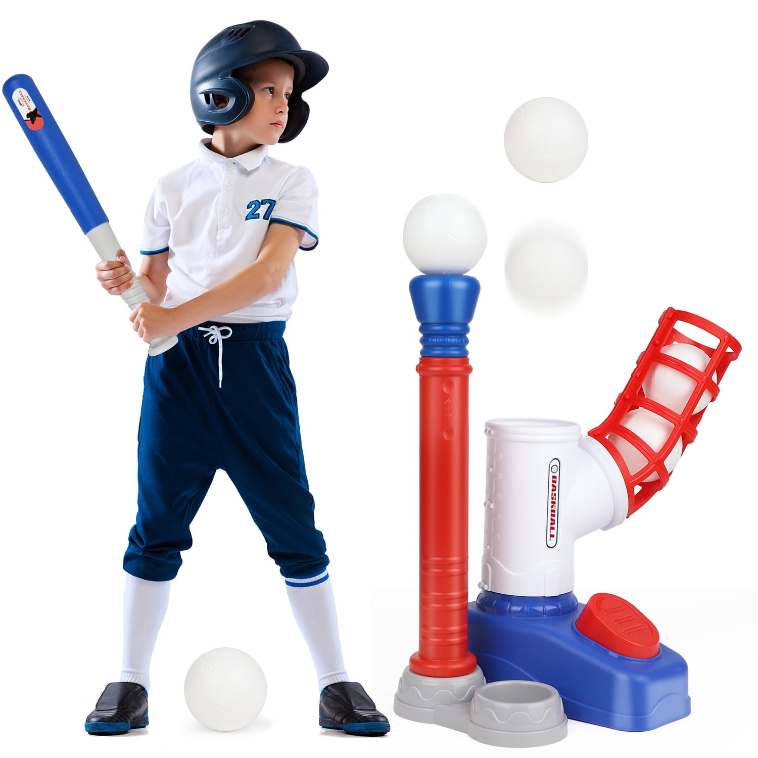 T Ball Set Toys for Kids Boys 3-5, Kids Baseball Toys Includes 6 Balls, for Age 3 to 6, Toddler Baseball Game Sports & Outdoors Toys, Auto Ball Launcher - Blue