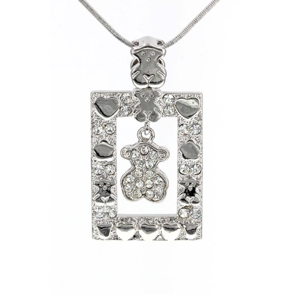 T-Bear w/ Hearts Charm Crystals Necklacle - Rectangle Shape- Rhodium Plating - Clear - NE-N4496CL
