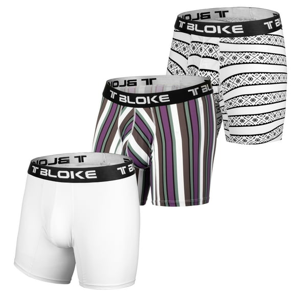 T Bloke Boxer Shorts L Size 3 Pack White, White/Black &Purple/White Printed