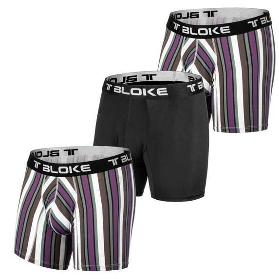 T Bloke Men Boxers S Size, Pack of 3 Black and Two Purple/White Striped 