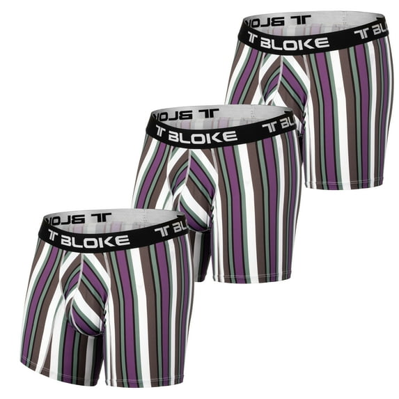 T Bloke Mens Boxer Briefs L Size 3 Pack Purple/White Striped with Elastic