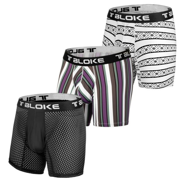 T Bloke Wicking Boxers L Size 3 Pack Black Mesh, White/Black &Purple/White