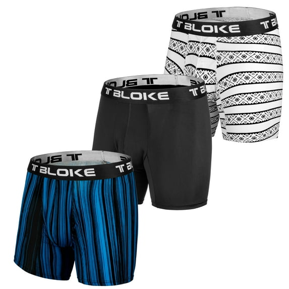 T Bloke Wicking Boxers XL Size 3 Pack Black, White/Black &Blue/Black Print