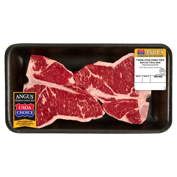 T-Bone Steak, Choice Angus Beef, 2 Bone-In Steaks per Tray, Family Pack, Fresh, 2.0 - 4.25 lb
