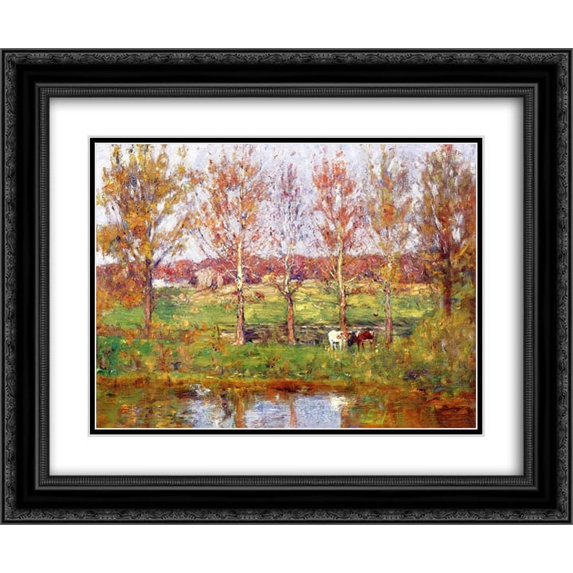 T. C. Steele 2x Matted 24x20 Black Ornate Framed Art Print 'Cows by the Stream'