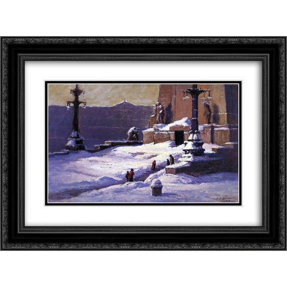 T. C. Steele 2x Matted 24x20 Black Ornate Framed Art Print 'Monument in the Snow'